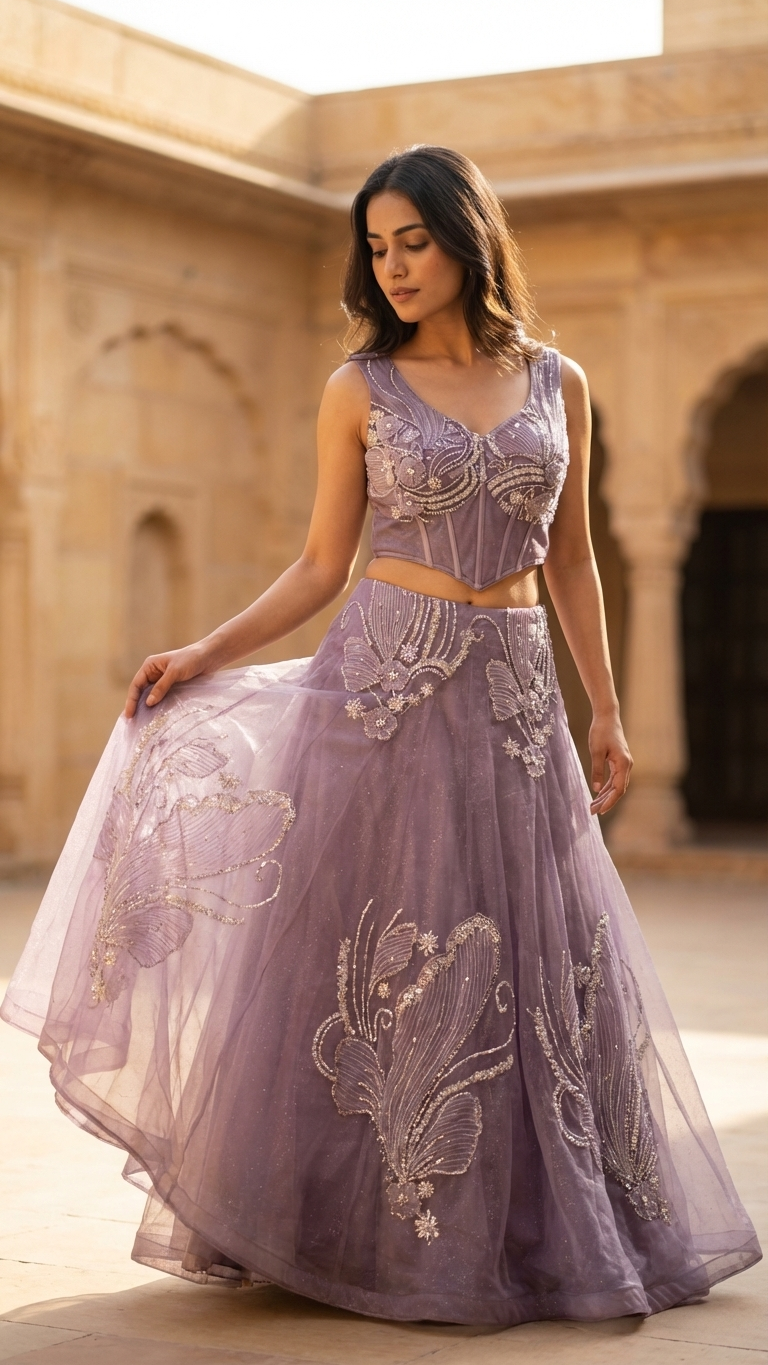 Lavender gown with sequin and thread embroidery Chandni Chowk style evening wear