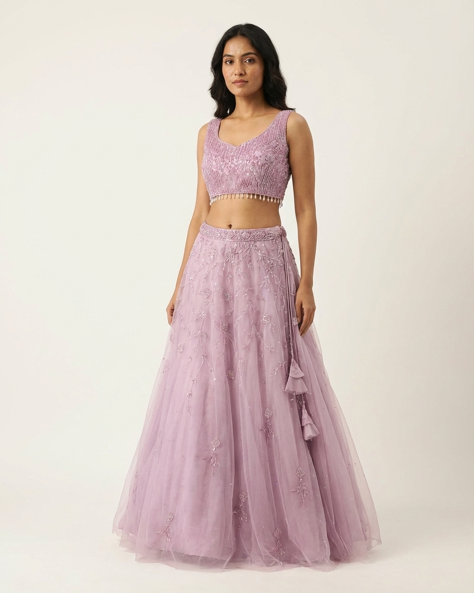 Lavender lehenga with floral vine embroidery and sequin work Chandni Chowk style fashion