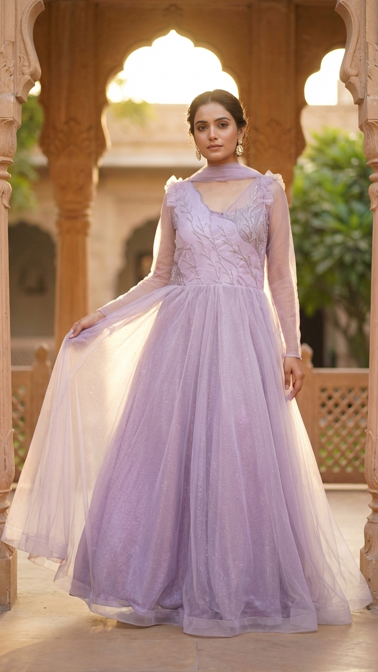 Lavender net and shimmer gown with katdana zarkan work Chandni Chowk party wear gown