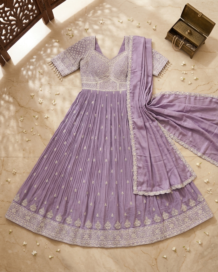 Lavender party wear Anarkali with thread work elegant Indian outfit for women