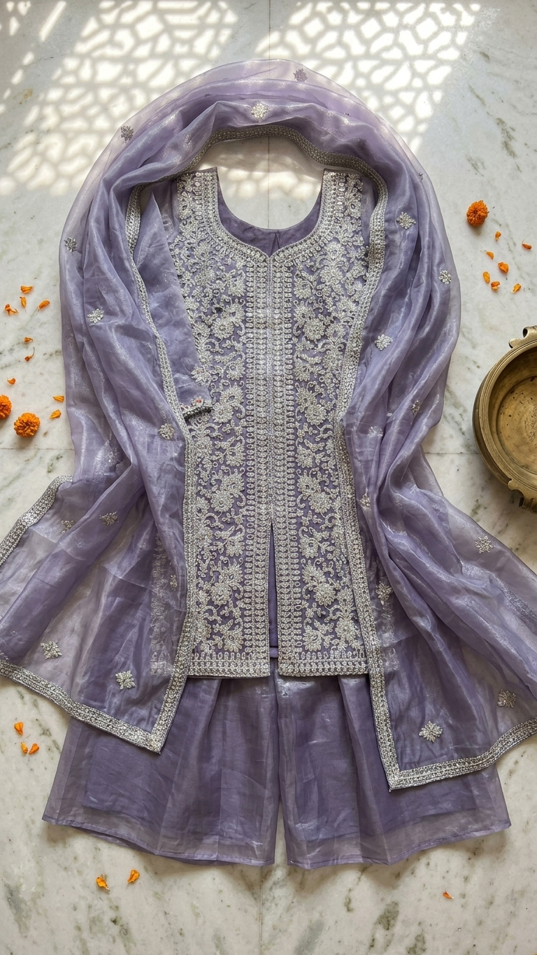 Lavender party wear suit with mirror detailing lightweight modern ethnic outfit