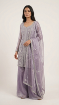 Lavender shimmer chinon suit with mirror work festive wear outfit for women India