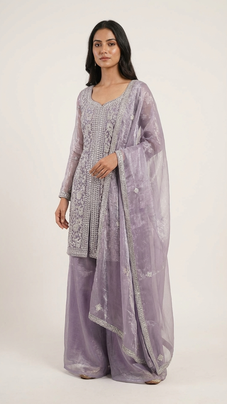 Lavender shimmer chinon suit with mirror work festive wear outfit for women India