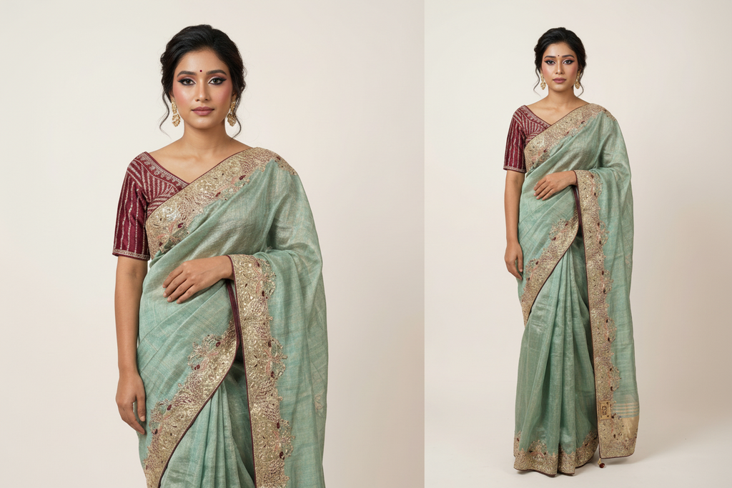 Light firozi linen cotton saree with gota patti work Chandni Chowk style daily festive saree