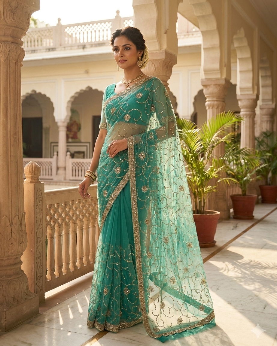 Light firozi net saree with katdana and sequin work Chandni Chowk festive wear