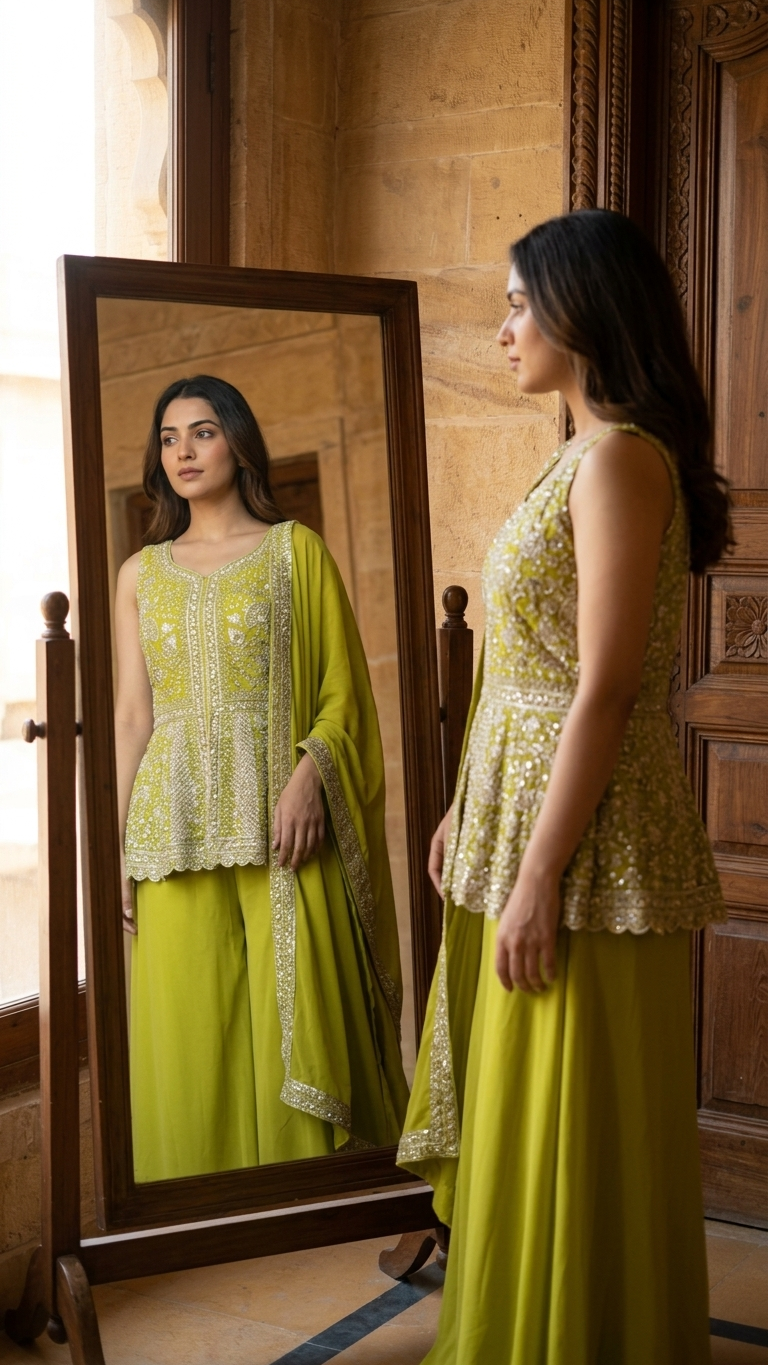 Lime green ethnic suit with zari work stylish festive wear for women India