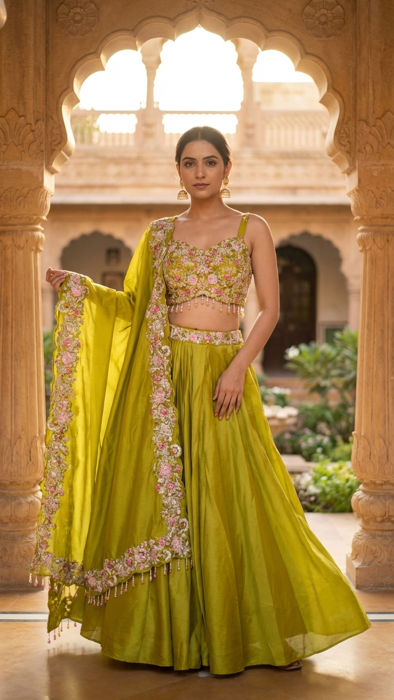 Lime green festive indo western outfit with floral embroidery Chandni Chowk inspired fashion