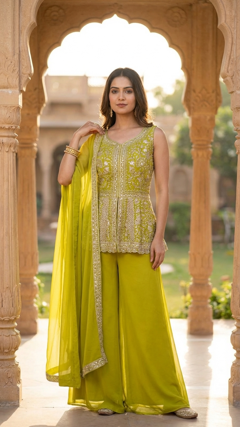 Lime green silk blend suit with thread embroidery Chandni Chowk style ethnic wear