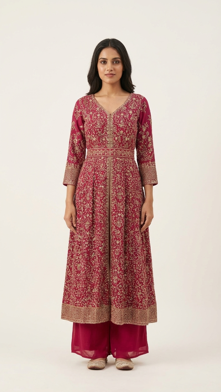 Magenta Anarkali plazo set with Kashmiri embroidery wedding wear outfit for women India