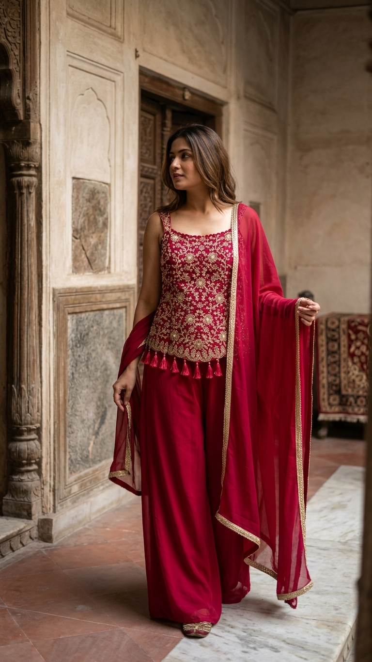 Magenta ethnic suit with zari work stylish wedding and party wear outfit for women