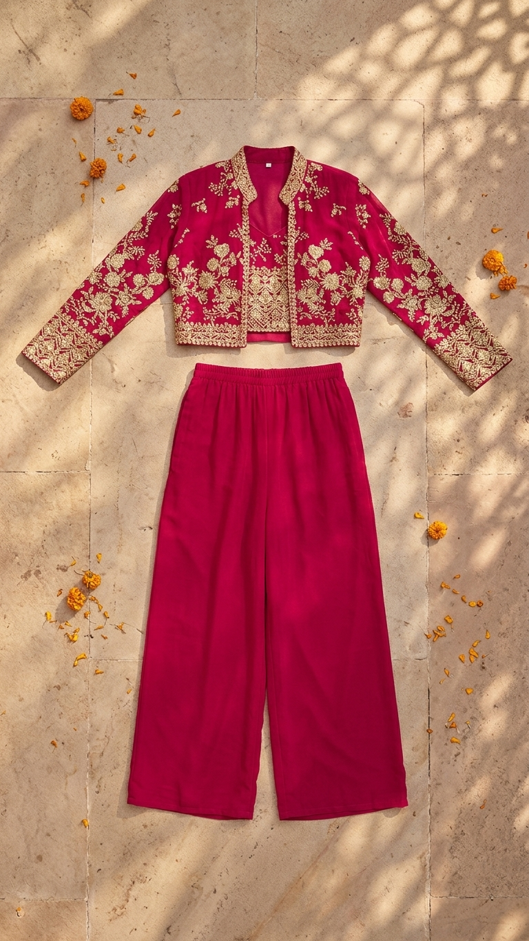 Magenta festive outfit with jacket and plazo easy wear party and daily wear ethnic set
