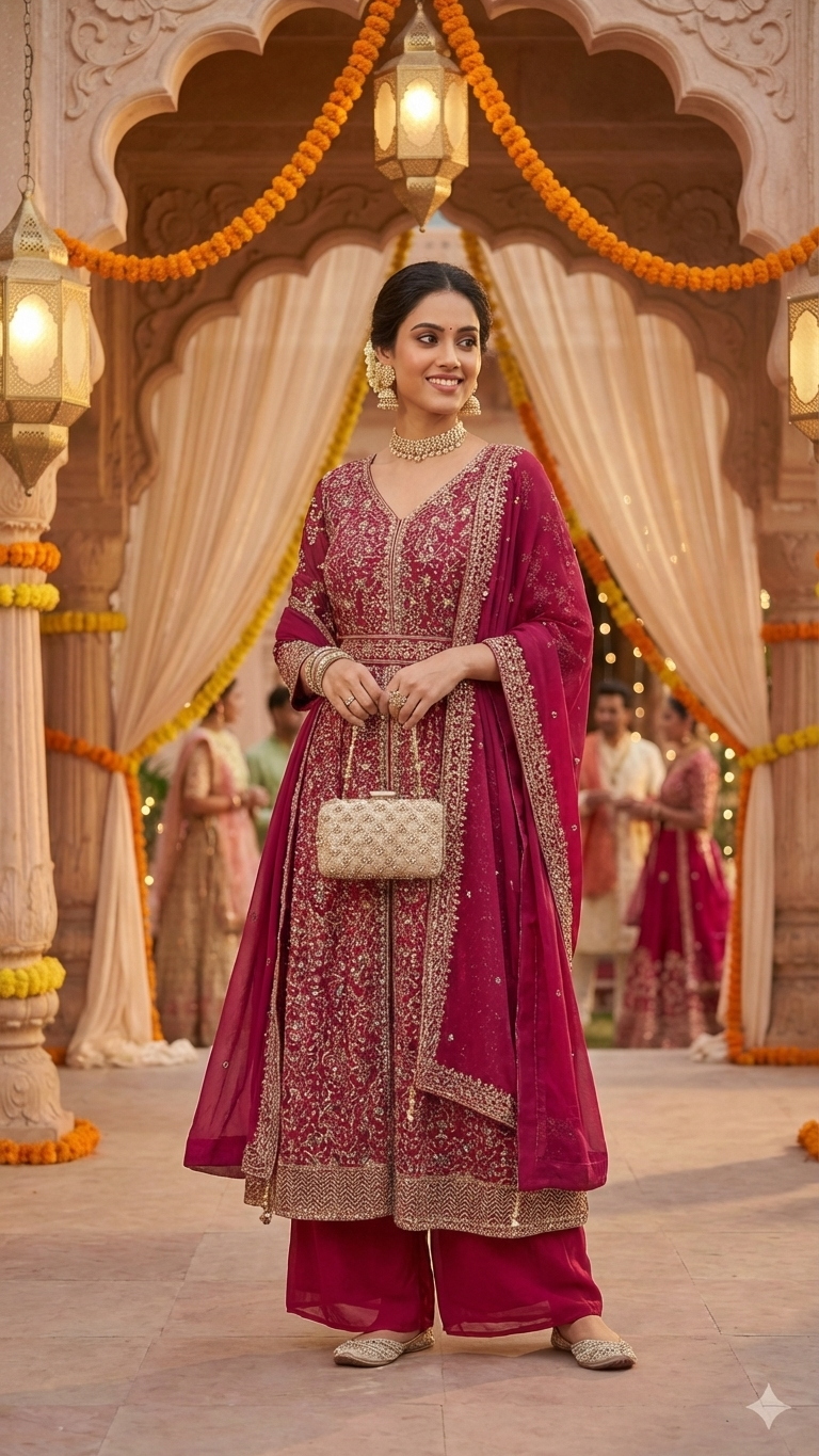 Magenta georgette Anarkali suit with waist belt and Kashmiri work festive wear outfit