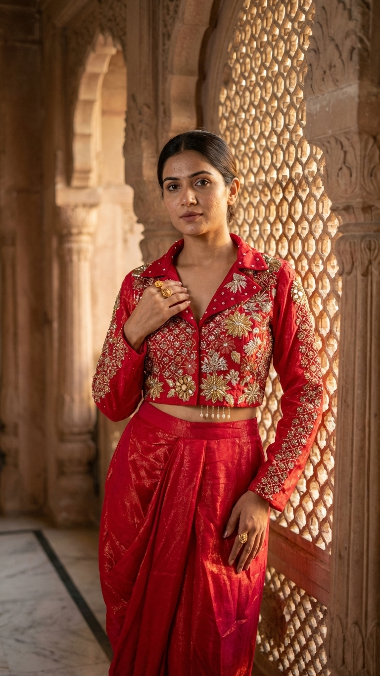 Magenta indo western outfit with floral embroidered blouse Chandni Chowk festive wear