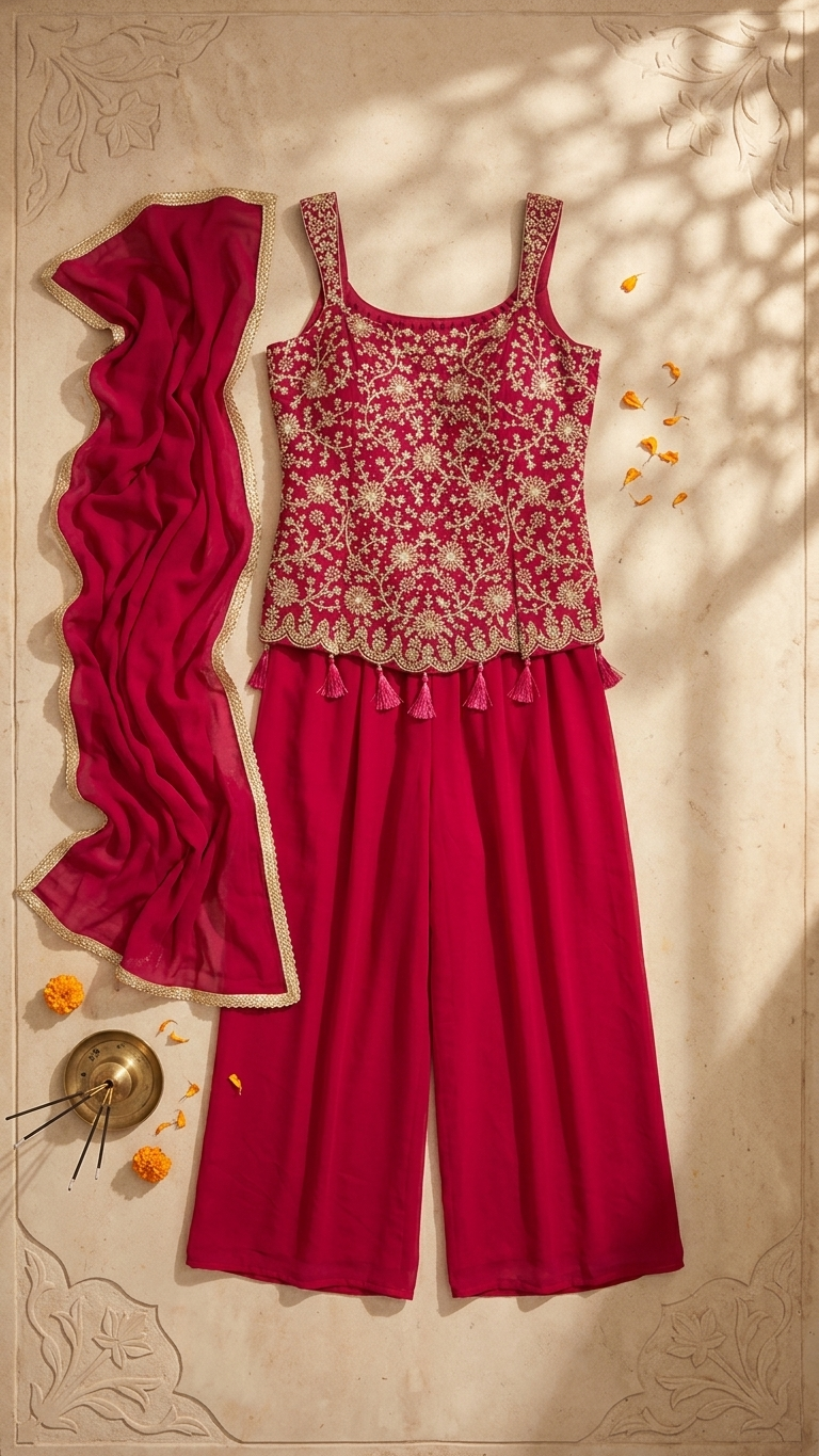 Magenta party wear suit with zari work and rich festive look for women