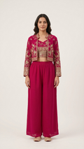 Magenta plazo set with jacket and blouse festive ethnic outfit with thread and zarkan work