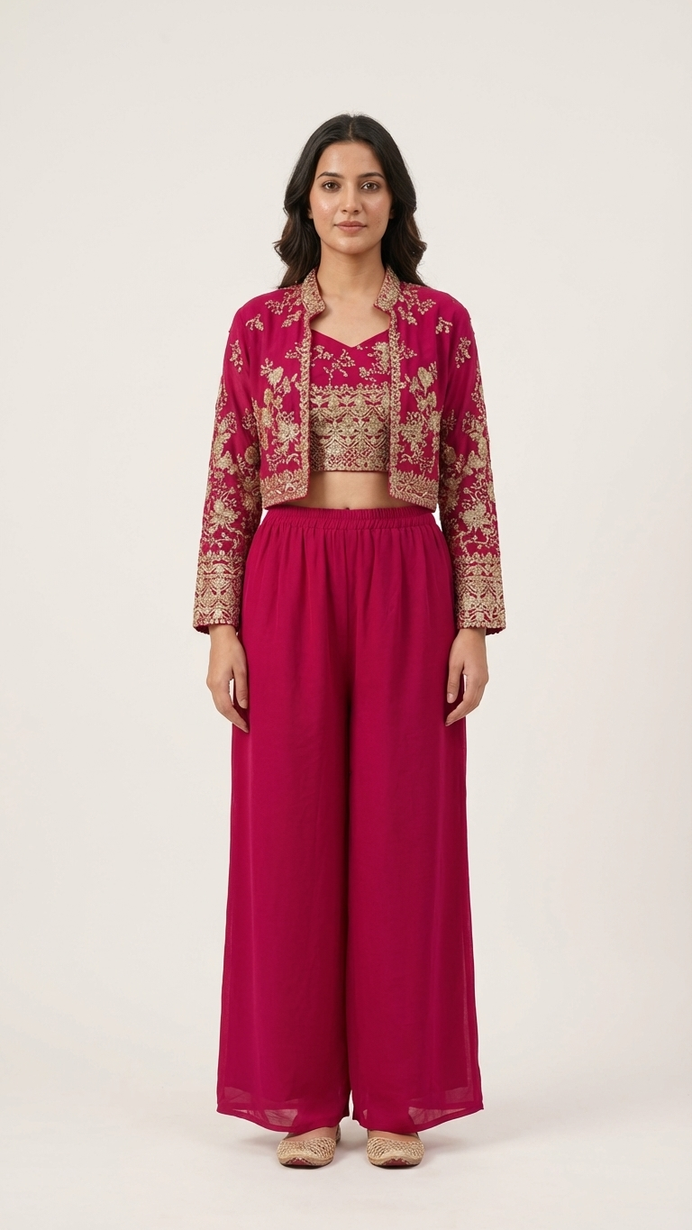 Magenta plazo set with jacket and blouse festive ethnic outfit with thread and zarkan work