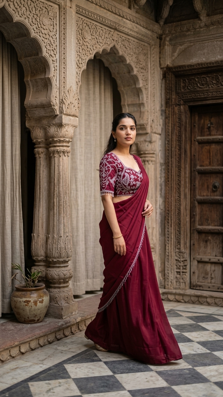 Maroon classic saree inspired by Chandni Chowk traditional ethnic fashion