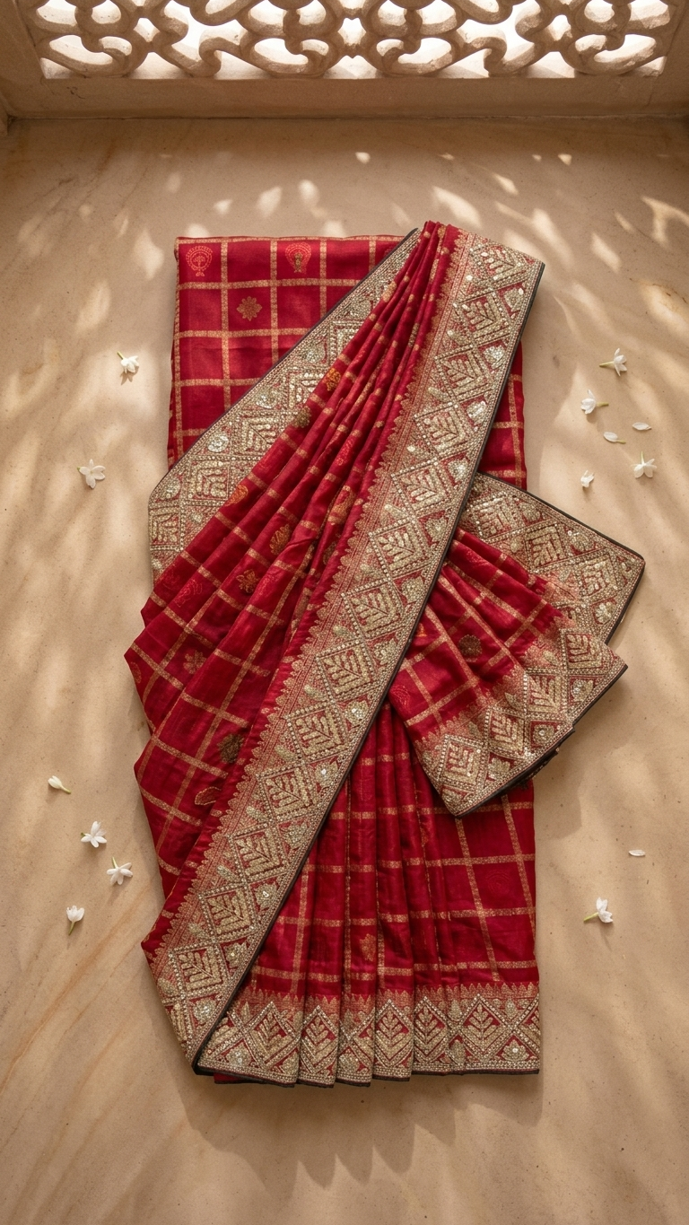 Red maroon royal saree inspired by Chandni Chowk traditional fashion