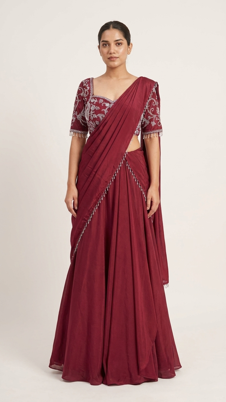 maroon saree with embroidered blouse Chandni Chowk wedding wear