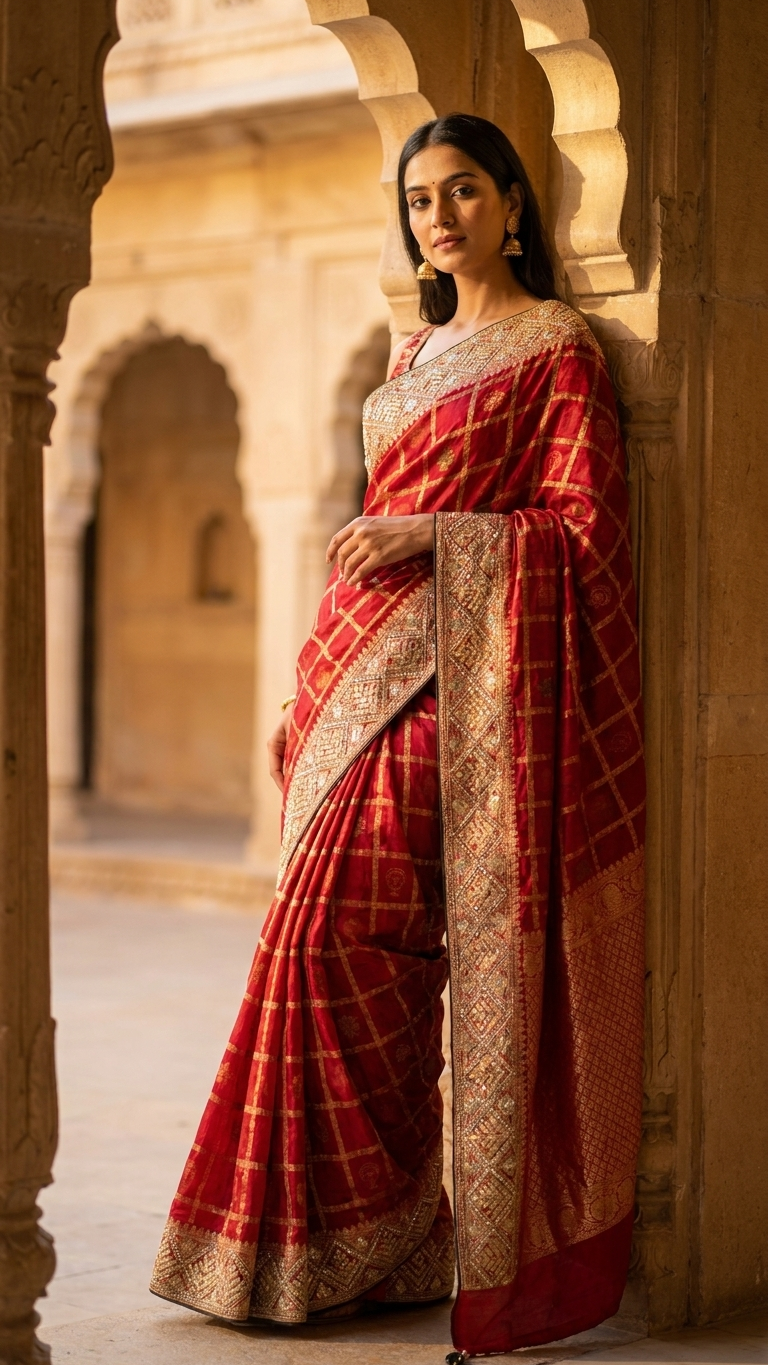 Maroon saree with heavy gota patti border traditional ethnic fashion
