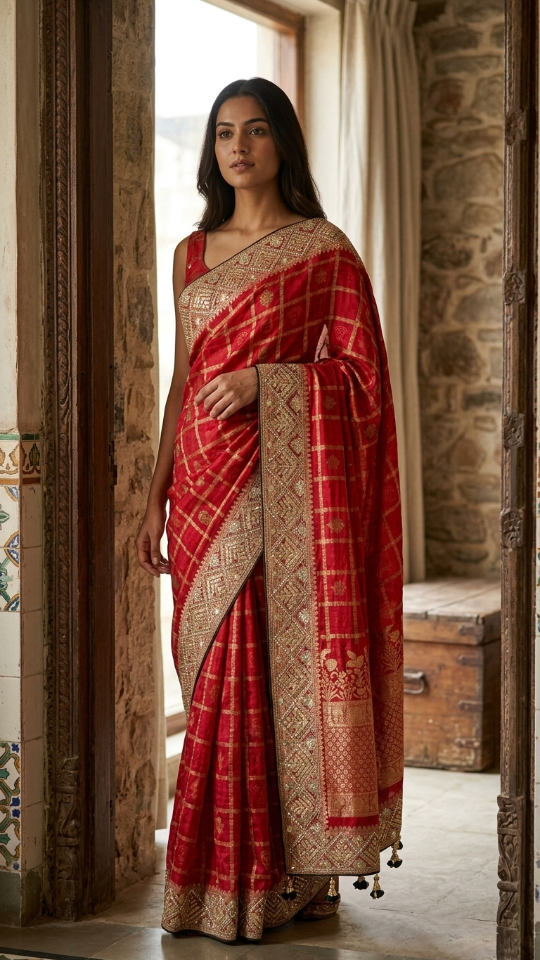 Red maroon gazji silk saree perfect for wedding and festive wear for women India