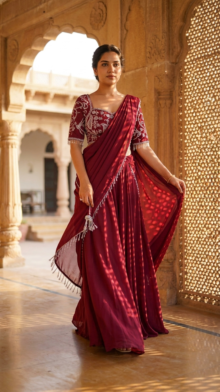 Deep maroon saree perfect for wedding and festive wear for women India