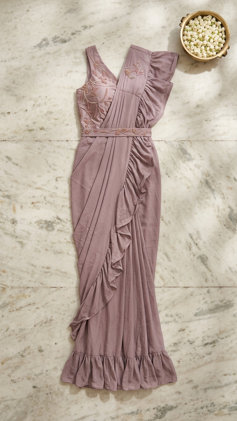 Dusty mauve modern saree inspired by Chandni Chowk contemporary fashion