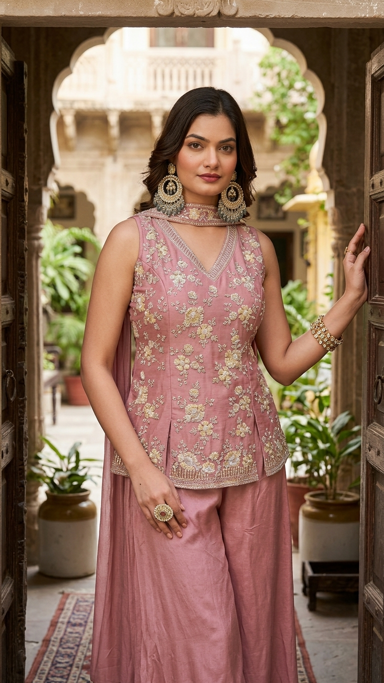 Mauve peplum suit with embroidered choker dupatta Chandni Chowk festive wear