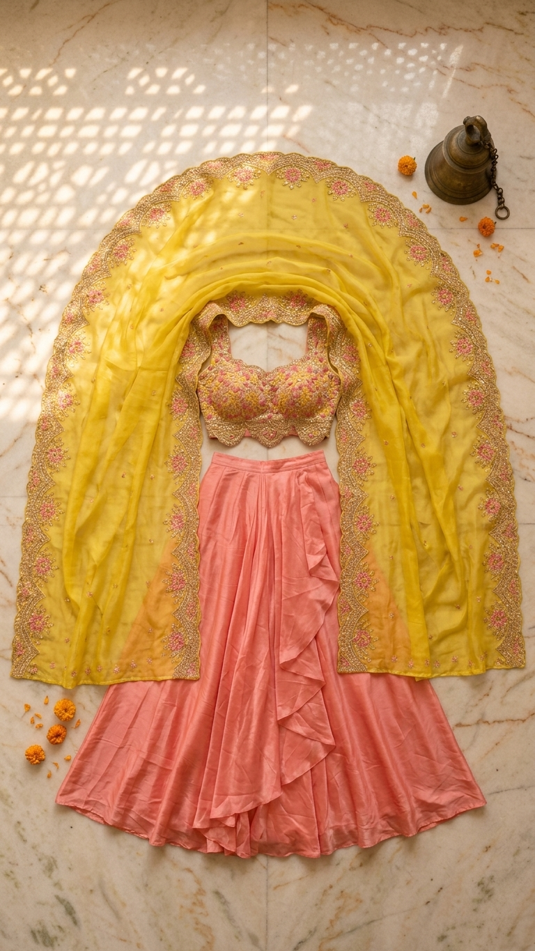 Peach pink and yellow festive outfit perfect for mehendi and wedding functions India