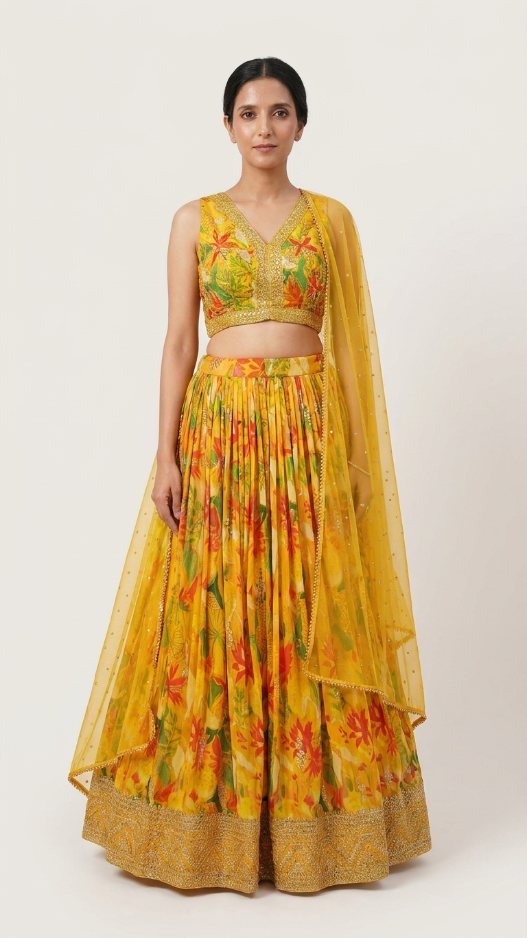 Bright yellow floral suit perfect for mehendi and haldi functions India