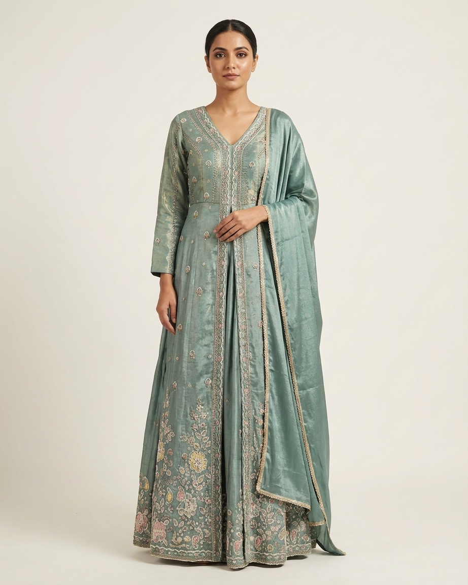 Metallic green indo western outfit with skirt and front cut top festive party wear India