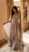 Metallic silver grey shimmer outfit with embellished net shrug Chandni Chowk partywear