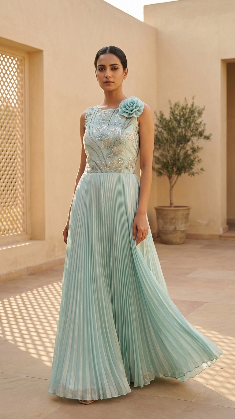 Mint green georgette gown with sequin embroidery Chandni Chowk festive wear for women