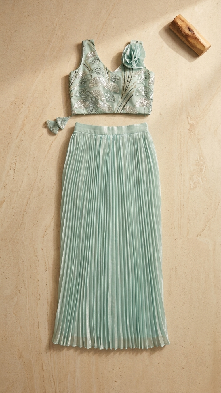 Mint green gown with bead embroidery and pleated skirt Chandni Chowk style fashion