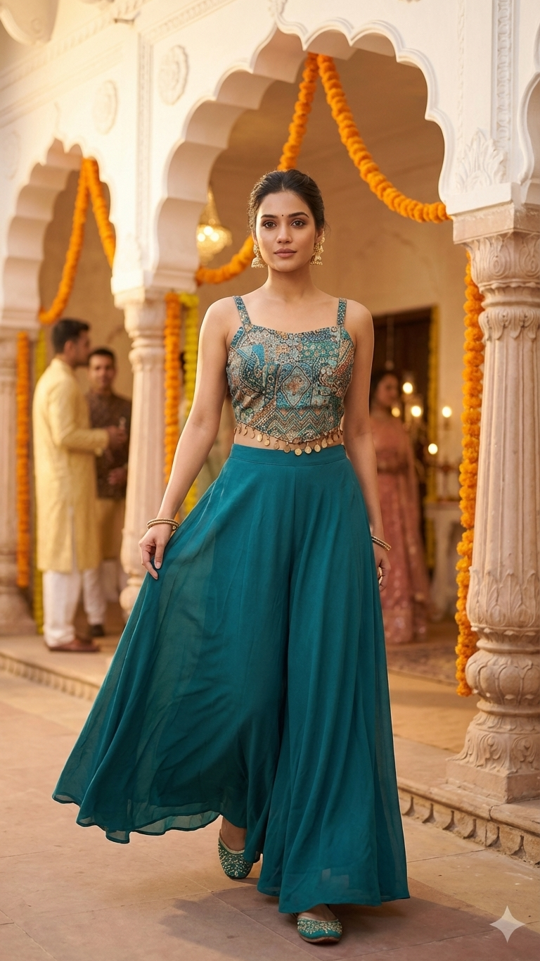 Mirror work corset blouse set with plazo stylish party wear indo western outfit