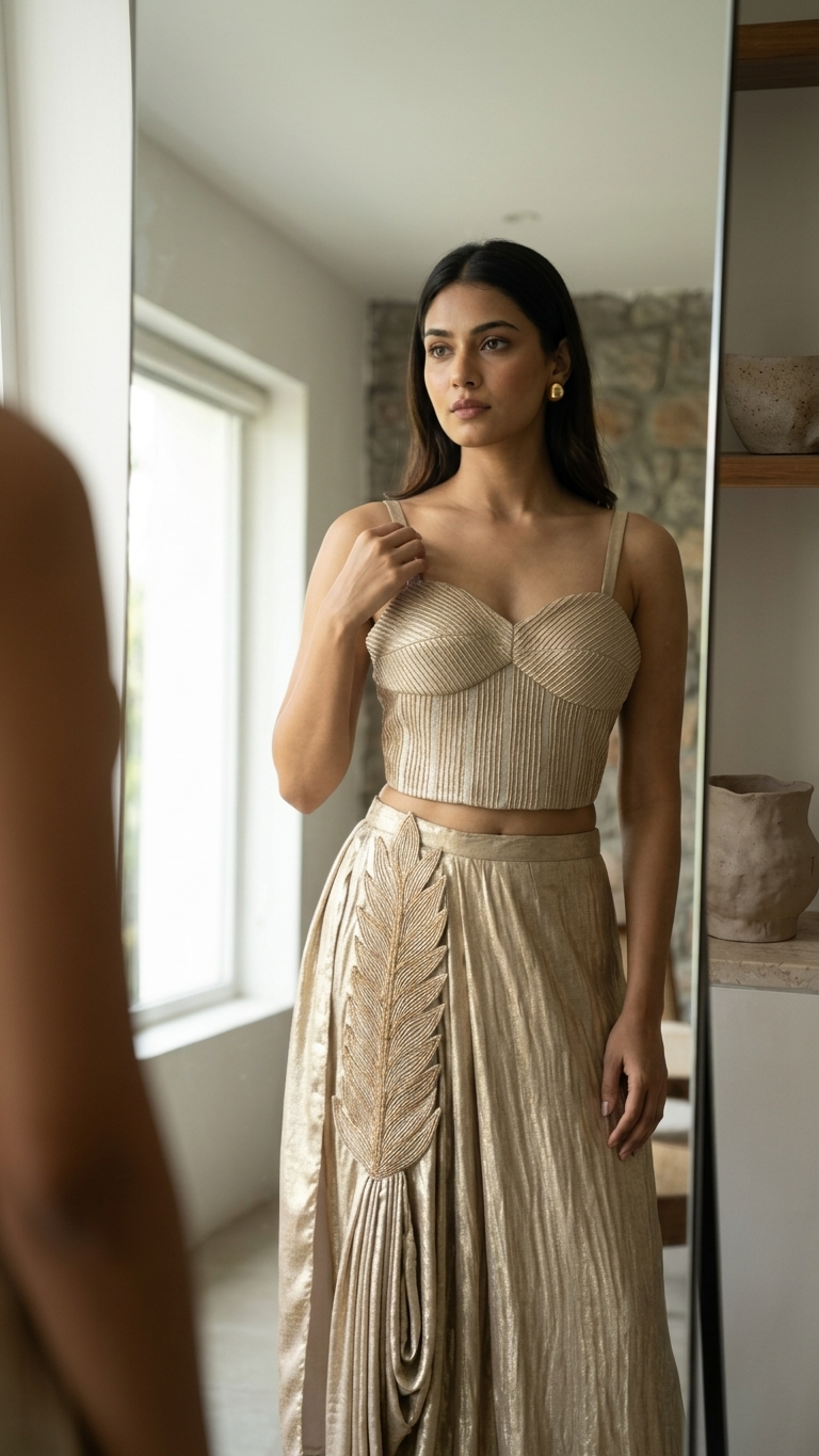 Modern ethnic golden saree with crop top and unique pallu design party wear look