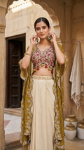 Mustard bandhani cape set with wine embroidered blouse and draped skirt Chandni Chowk fashion