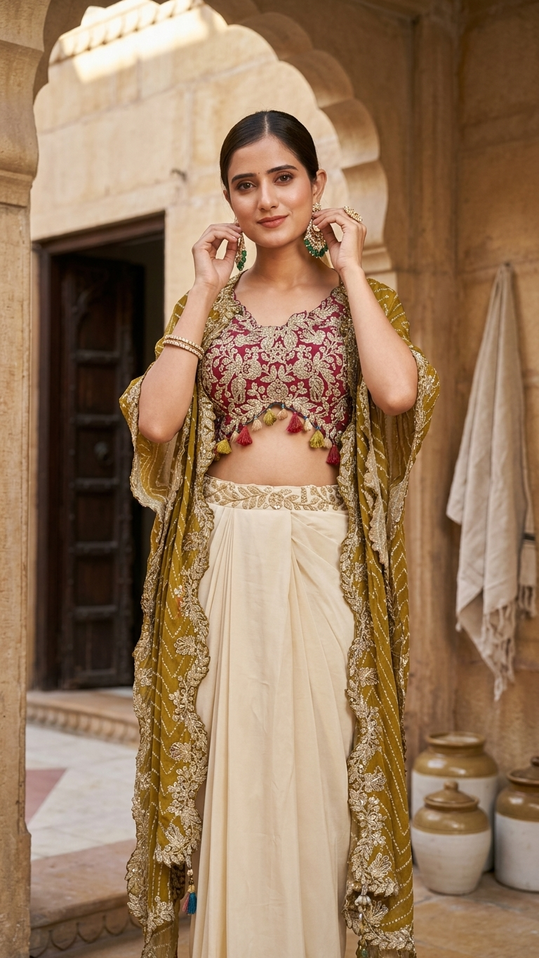 Mustard bandhani cape set with wine embroidered blouse and draped skirt Chandni Chowk fashion