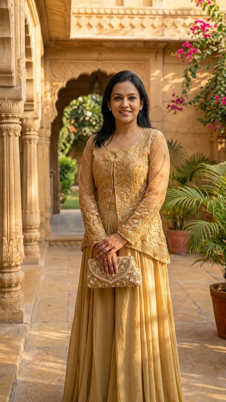 Golden mustard designer fusion set inspired by Chandni Chowk modern ethnic fashion