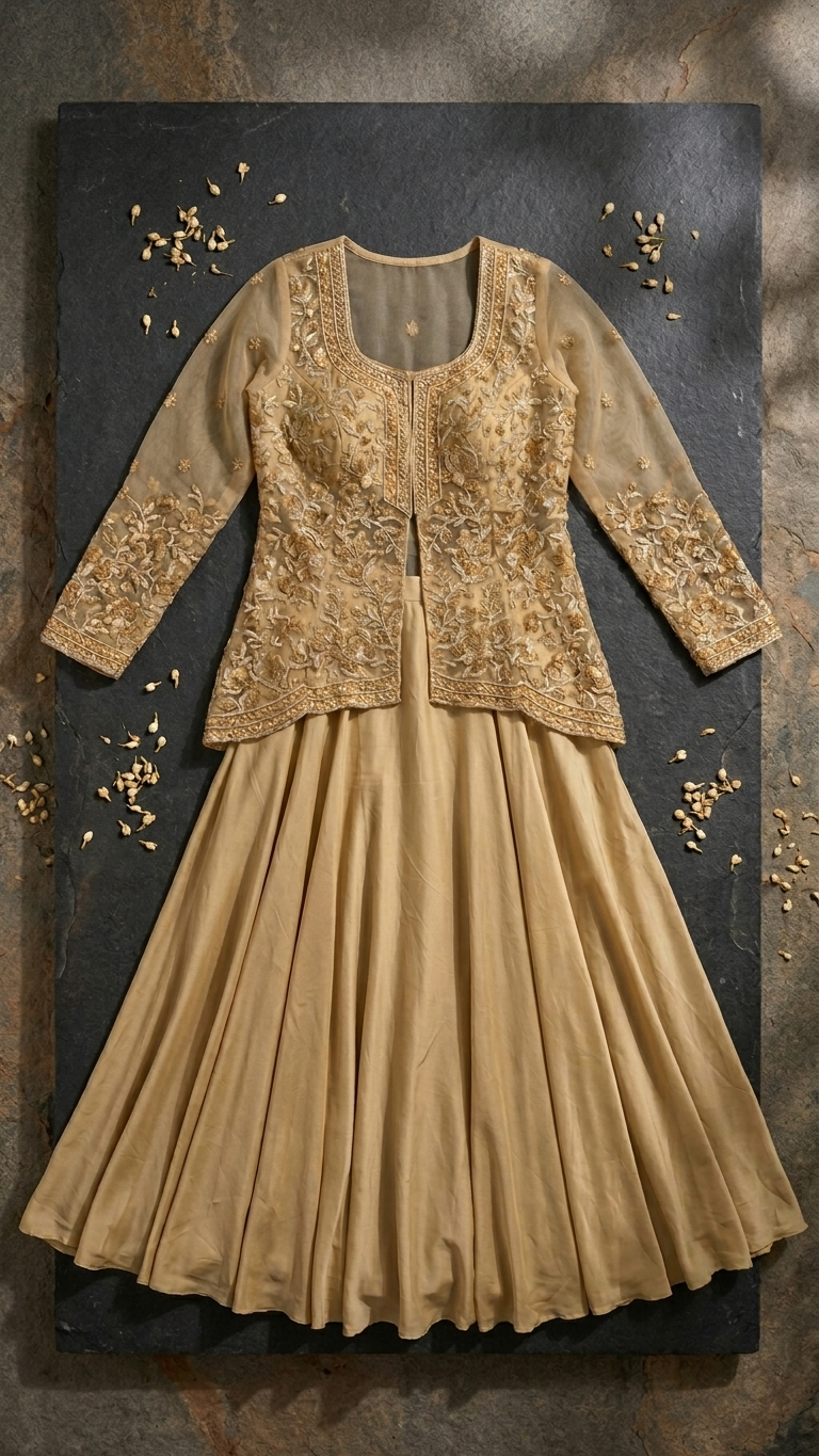Golden mustard indo western outfit with wide leg pants stylish festive wear India
