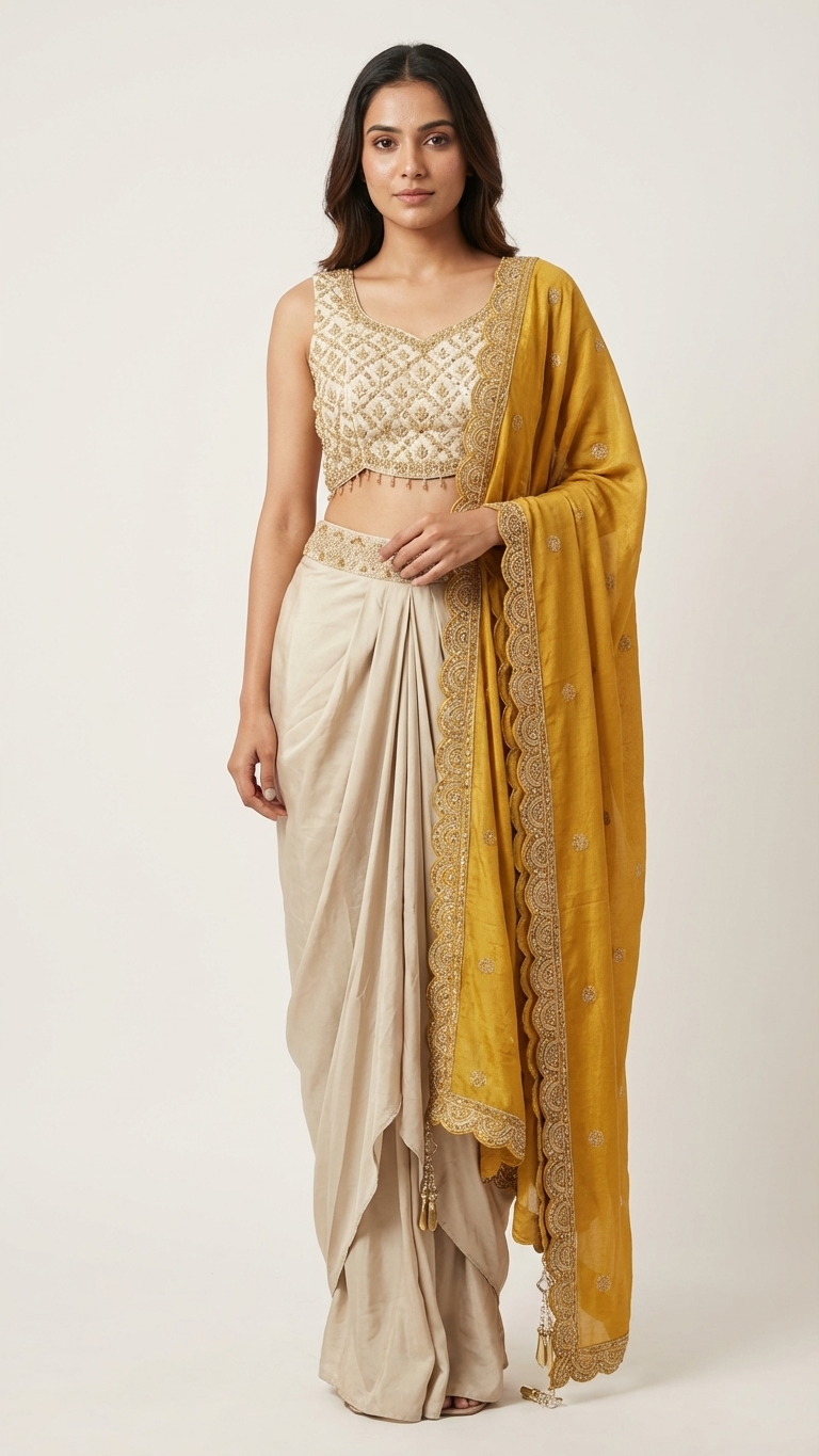 Mustard yellow indo western set with zari and sequin work Chandni Chowk style outfit