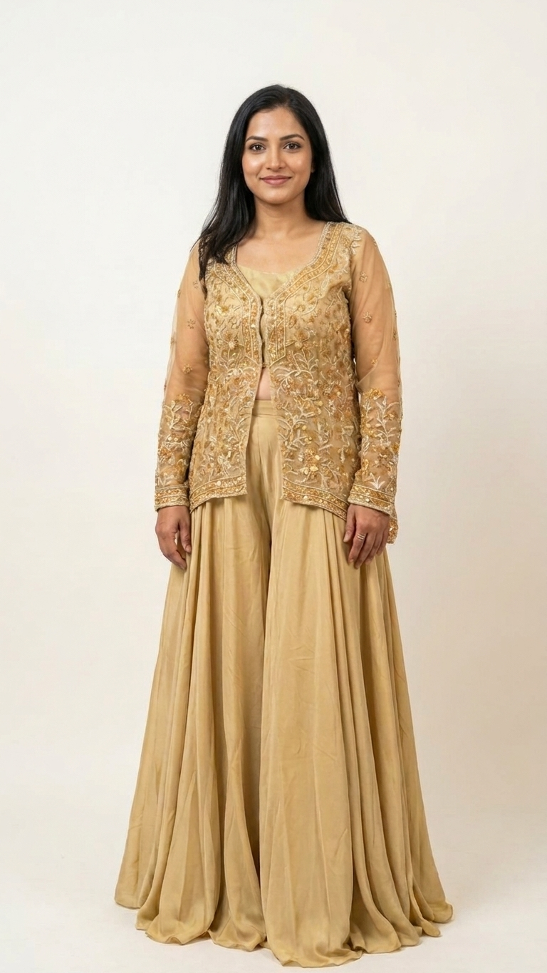 Golden mustard jacket with resham embroidery and sequin work Chandni Chowk fashion