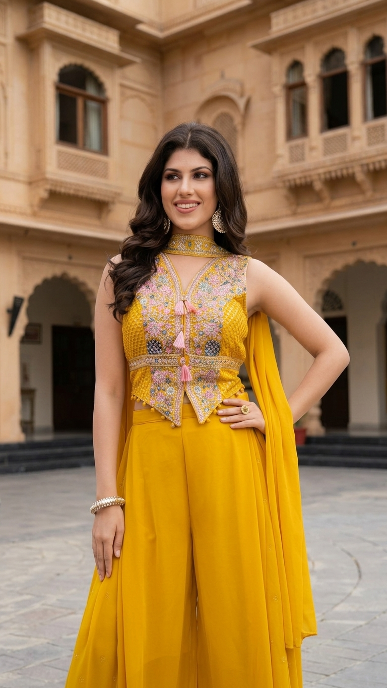 Mustard suit with multicolor embroidery and tassel detailing Chandni Chowk fashion