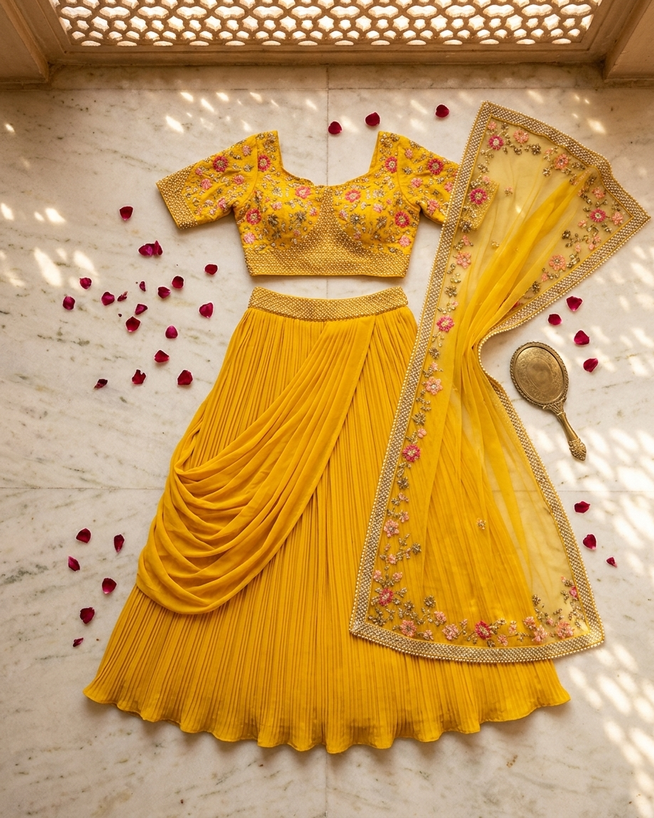 Mustard yellow saree inspired by Chandni Chowk traditional festive fashion for women