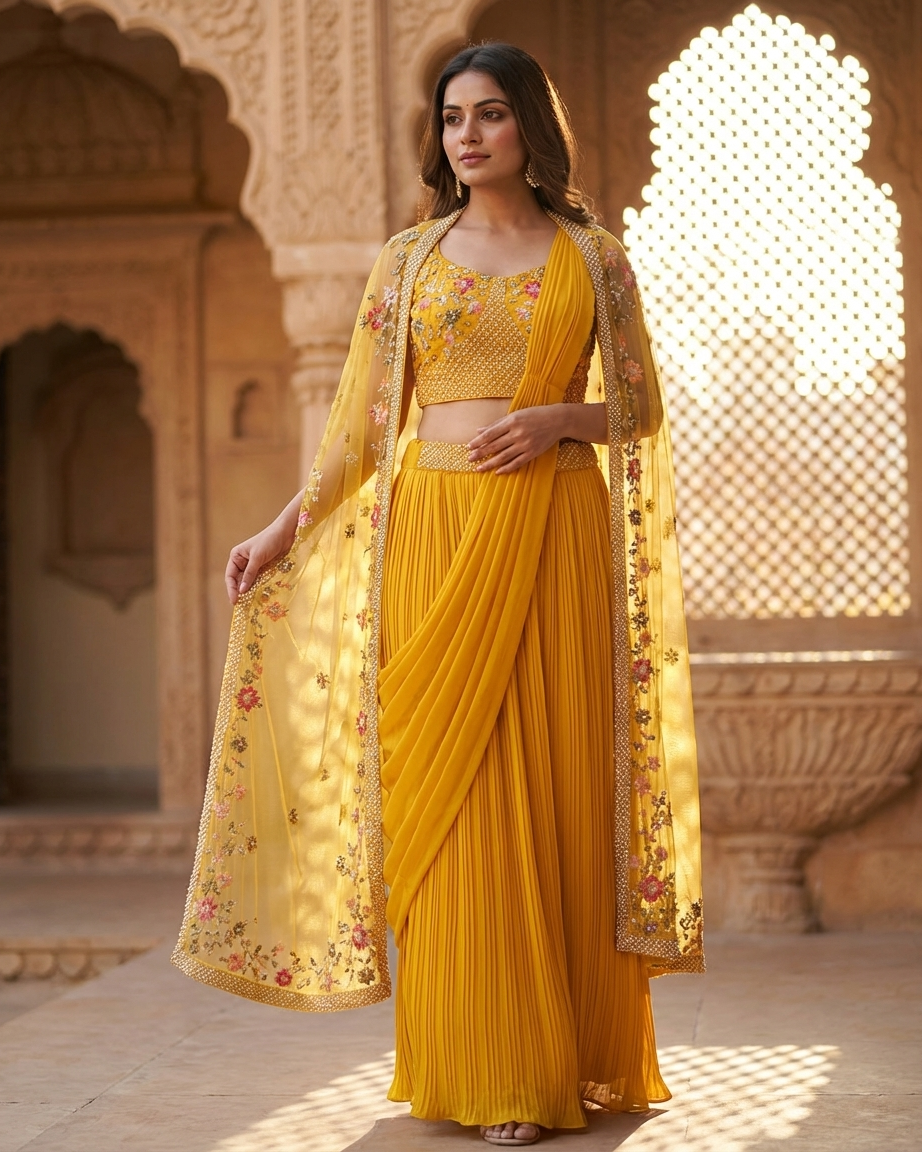 Mustard yellow georgette saree with sequin and thread embroidery Chandni Chowk style fashion