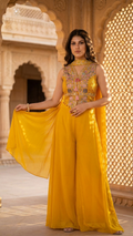 Mustard yellow peplum suit with thread embroidery Chandni Chowk festive wear for women