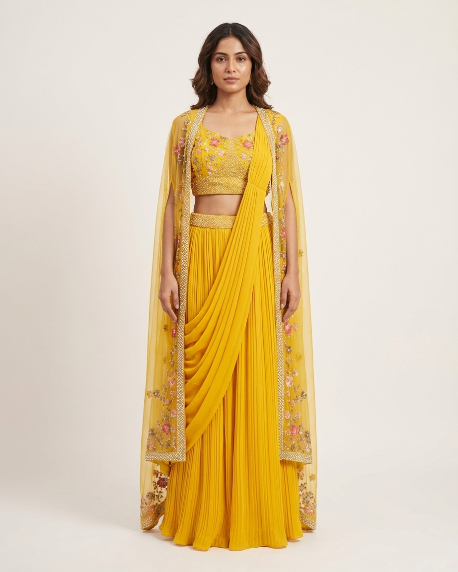 Mustard yellow ready made saree stylish haldi and wedding wear for women India