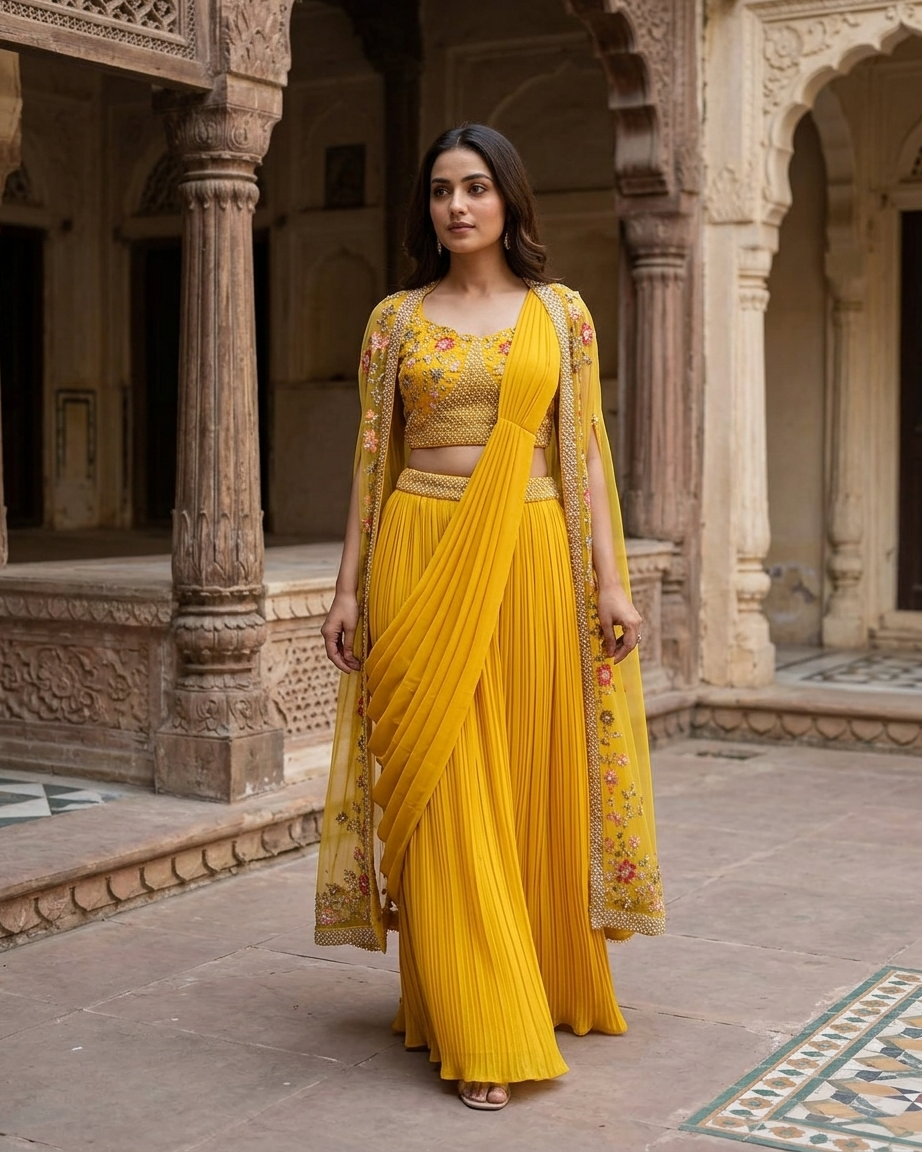 Mustard yellow ready to wear saree with zari work Chandni Chowk haldi festive wear
