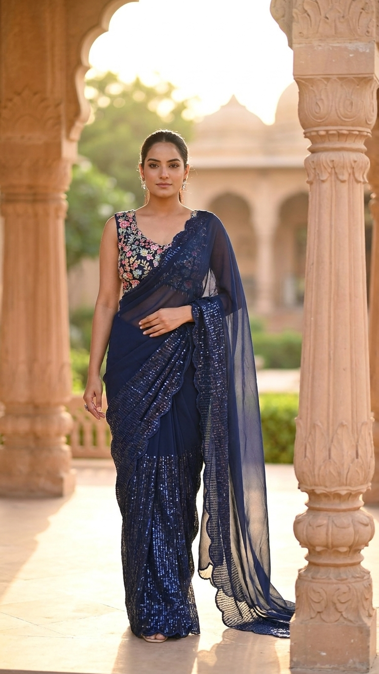 Navy blue saree stylish formal and festive wear for women India