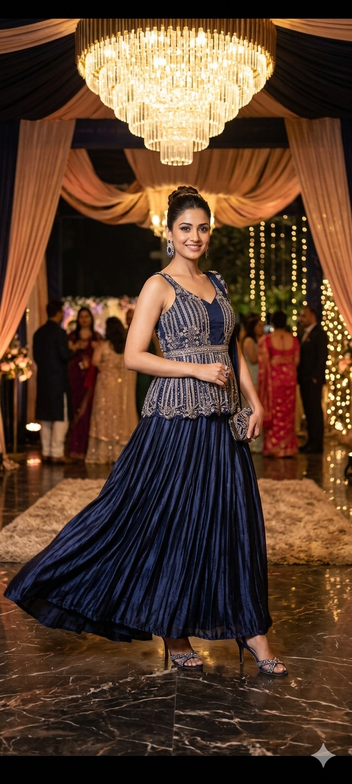 Navy blue party wear indo western dress with peplum style modern ethnic outfit